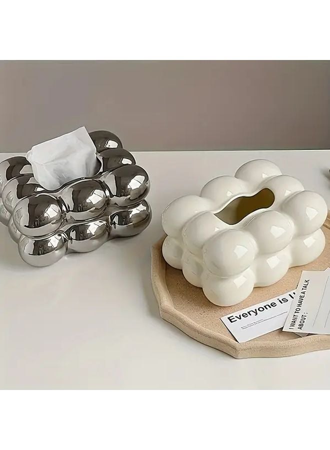 Beige Ceramic Tissue Box Holder Square White Gold Accents Home Office Hotel Quality - Image 2